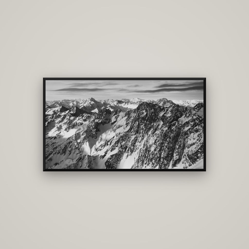 Endless Ranges, Southern Alps — Basel Black Matte, 107×60 cm. New Zealand fine art wall art by Stephen Milner.