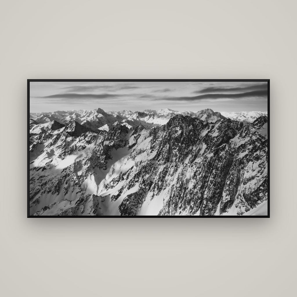 Endless Ranges, Southern Alps — Basel Black Matte, 160×90 cm. New Zealand fine art wall art by Stephen Milner.