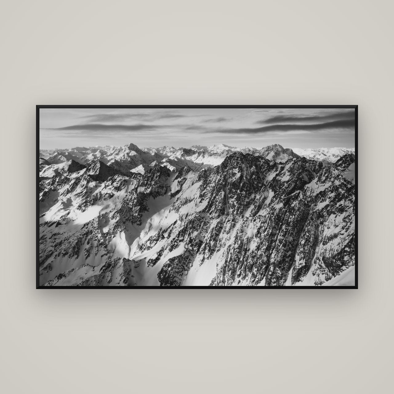 Endless Ranges, Southern Alps — Basel Black, 160×90 cm. New Zealand fine art wall art by Stephen Milner.