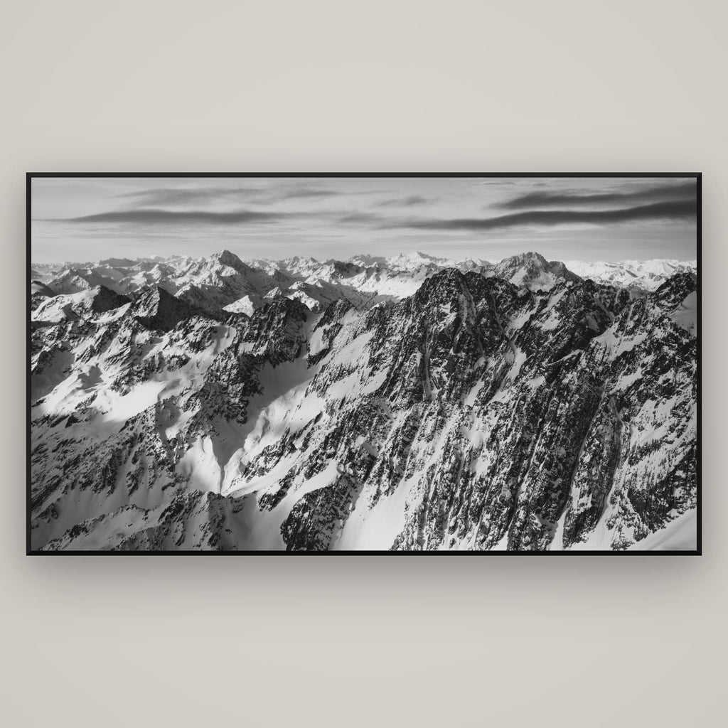 Endless Ranges, Southern Alps — Basel Black Matte, 196×110 cm. New Zealand fine art wall art by Stephen Milner.