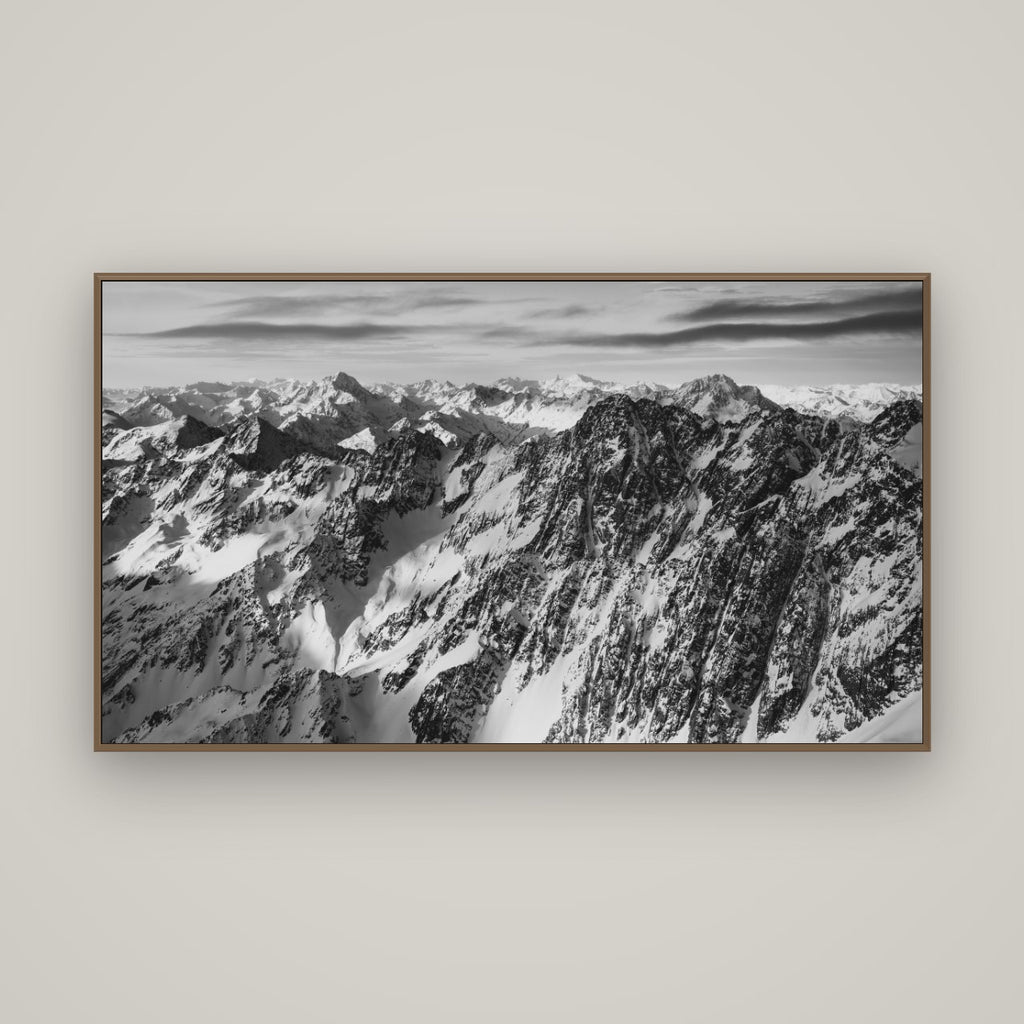 Endless Ranges, Southern Alps, Basel Walnut, 160×90 cm. New Zealand fine art wall art by Stephen Milner.