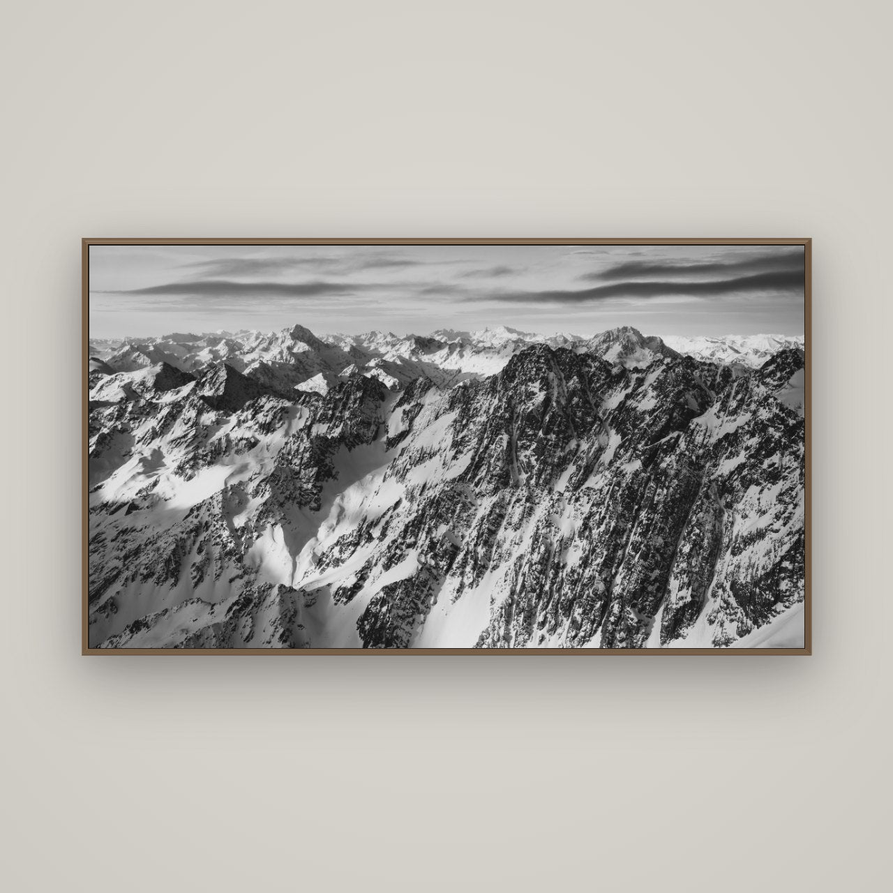 Endless Ranges, Southern Alps, Basel Walnut, 160×90 cm. New Zealand fine art wall art by Stephen Milner.