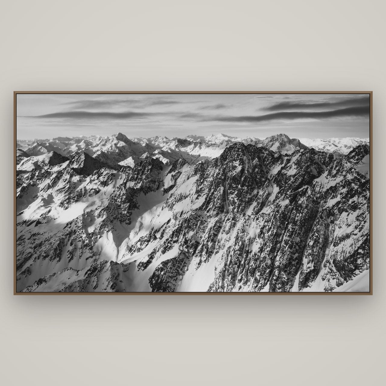 Endless Ranges, Southern Alps, Basel Walnut, 196×110 cm. New Zealand fine art wall art by Stephen Milner.