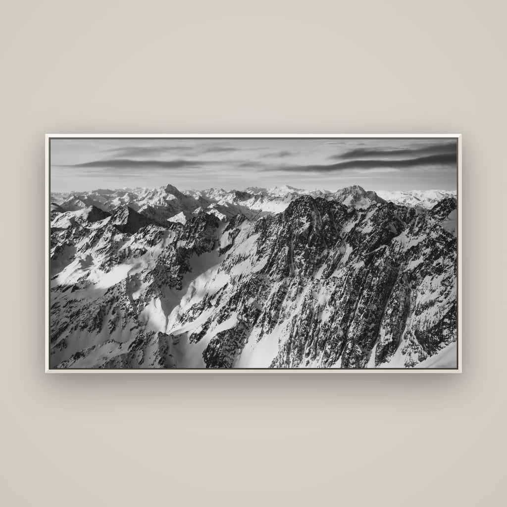 Endless Ranges, Southern Alps — Basel White, 160×90 cm. New Zealand fine art wall art by Stephen Milner.