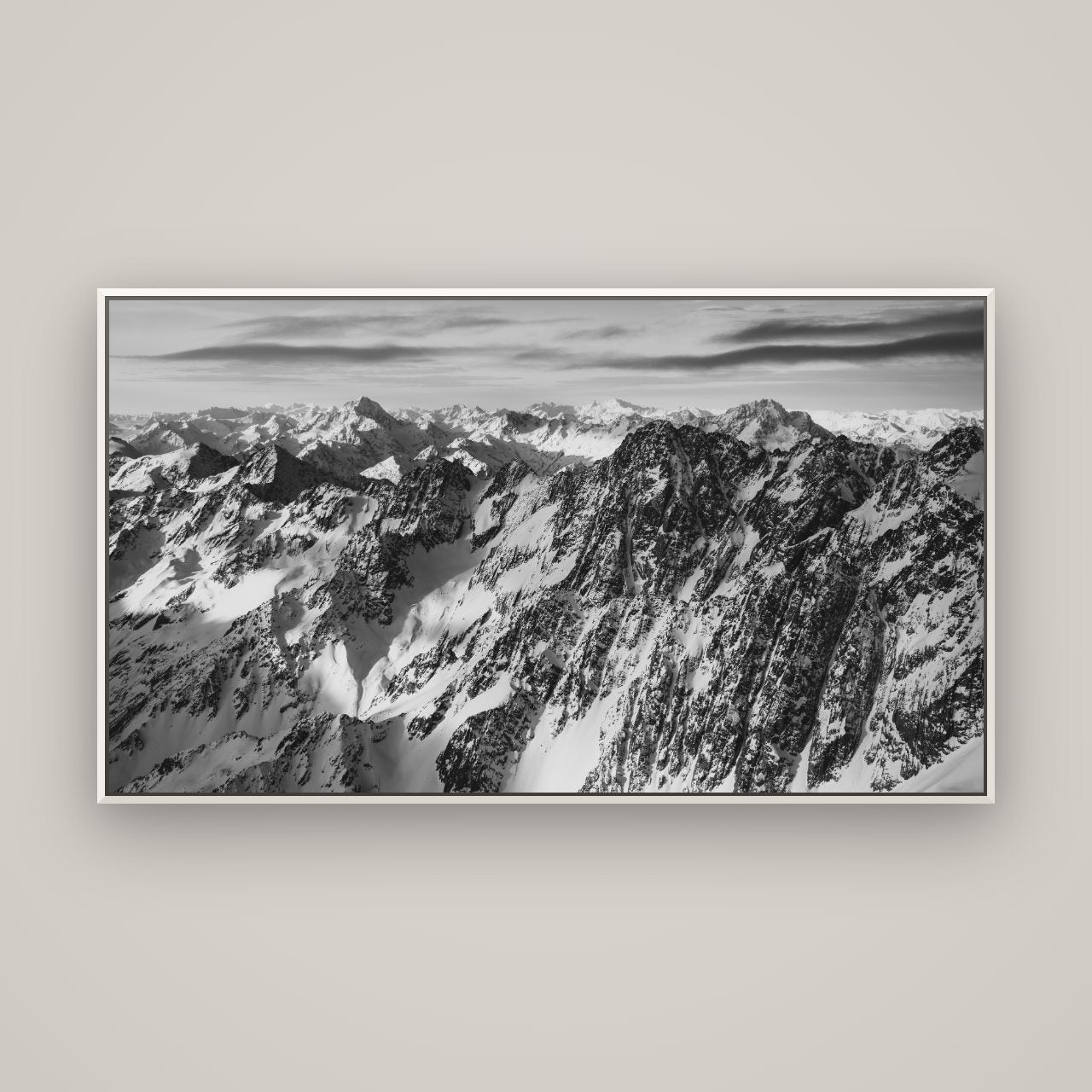 Endless Ranges, Southern Alps — Basel White, 160×90 cm. New Zealand fine art wall art by Stephen Milner.