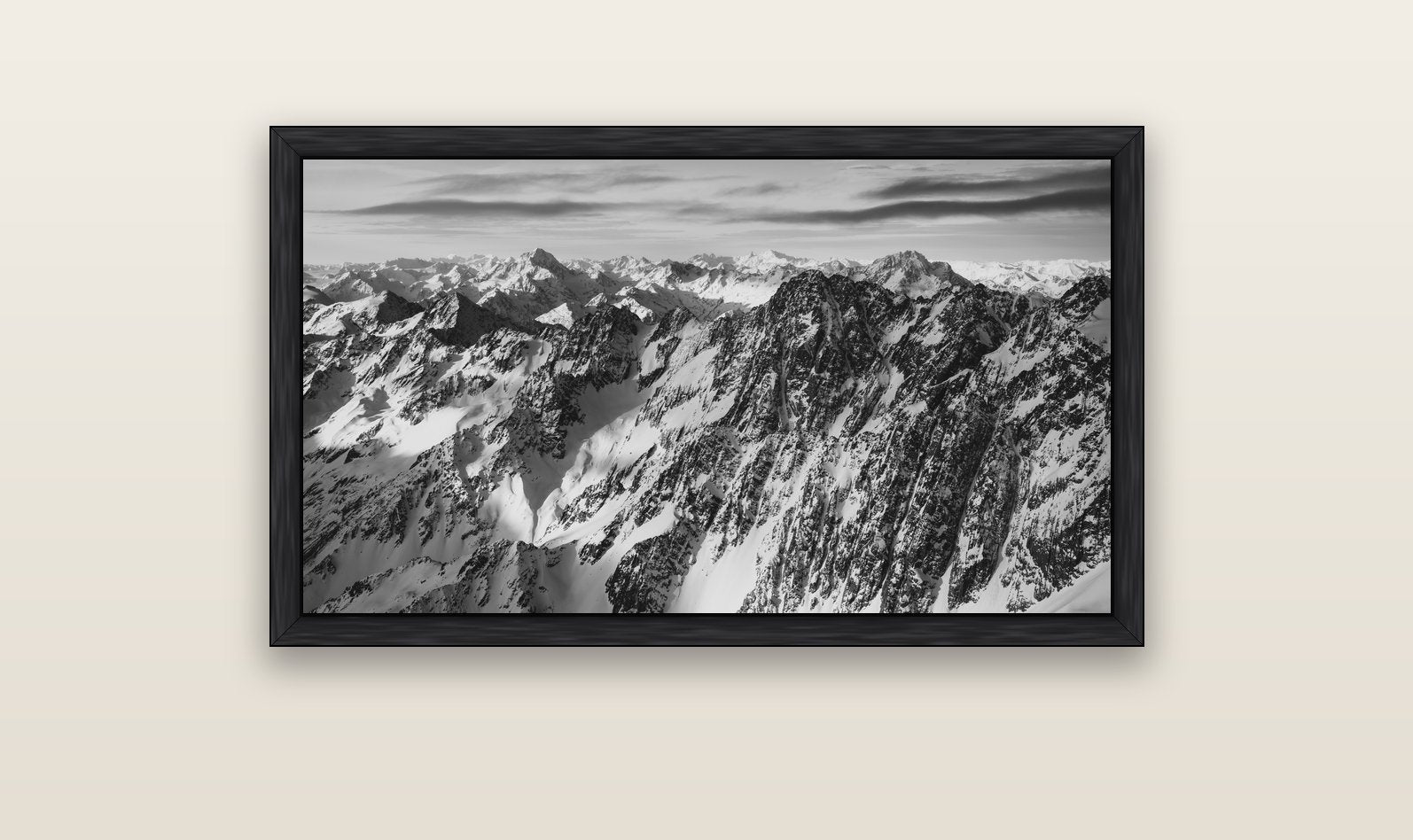 Endless Ranges, Southern Alps — black float frame canvas, 102 × 56 cm. New Zealand fine art landscape wall art by Stephen Milner.