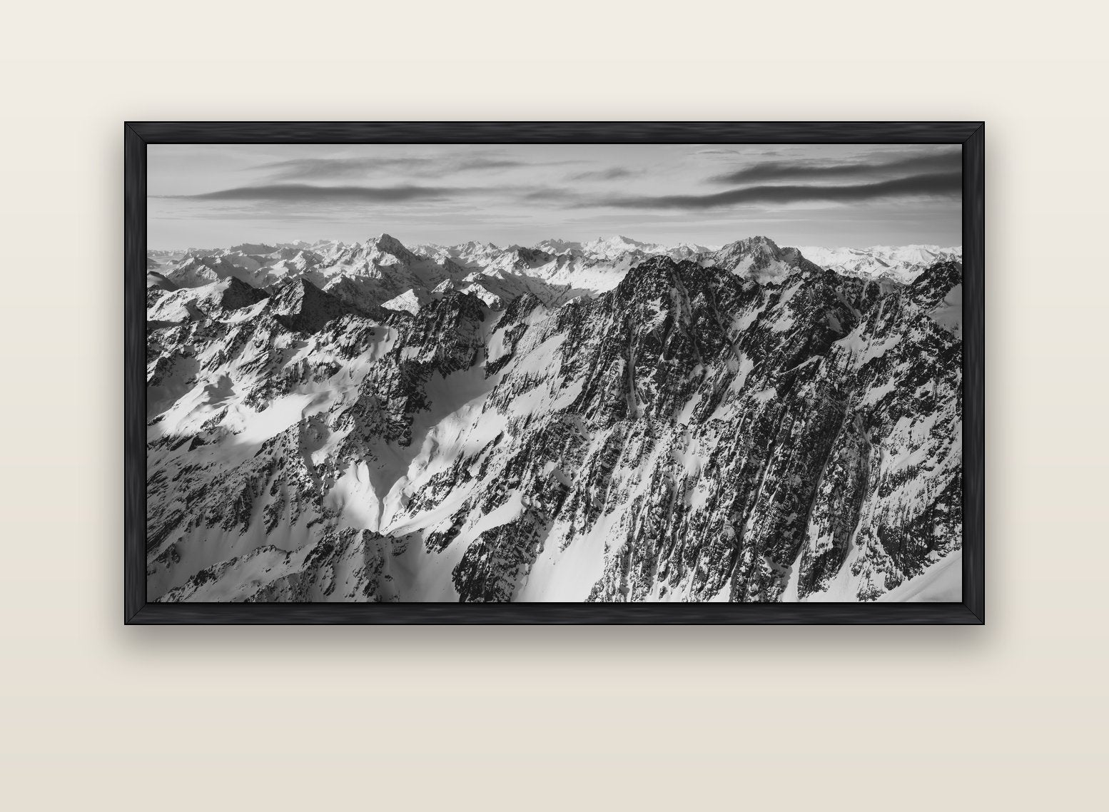 Endless Ranges, Southern Alps — black float frame canvas, 152 × 86 cm. New Zealand fine art landscape wall art by Stephen Milner.