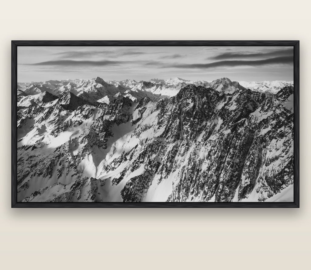 Endless Ranges, Southern Alps — black float frame canvas, 200 × 130 cm. New Zealand fine art landscape wall art by Stephen Milner.