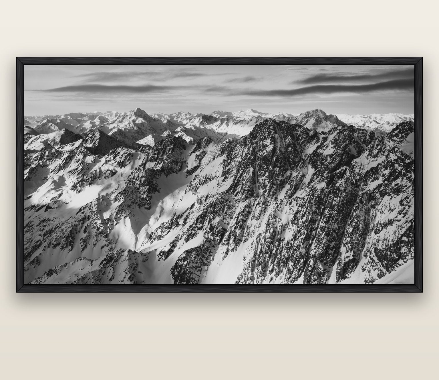 Endless Ranges, Southern Alps — black float frame canvas, 200 × 130 cm. New Zealand fine art landscape wall art by Stephen Milner.
