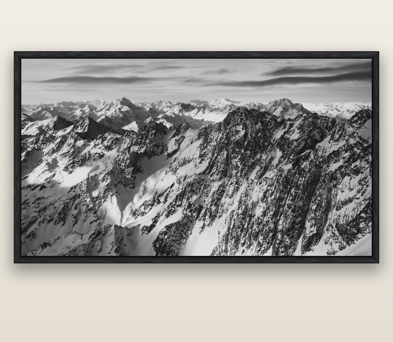 Endless Ranges, Southern Alps — black float frame canvas, 201 × 99 cm. New Zealand fine art landscape wall art by Stephen Milner.