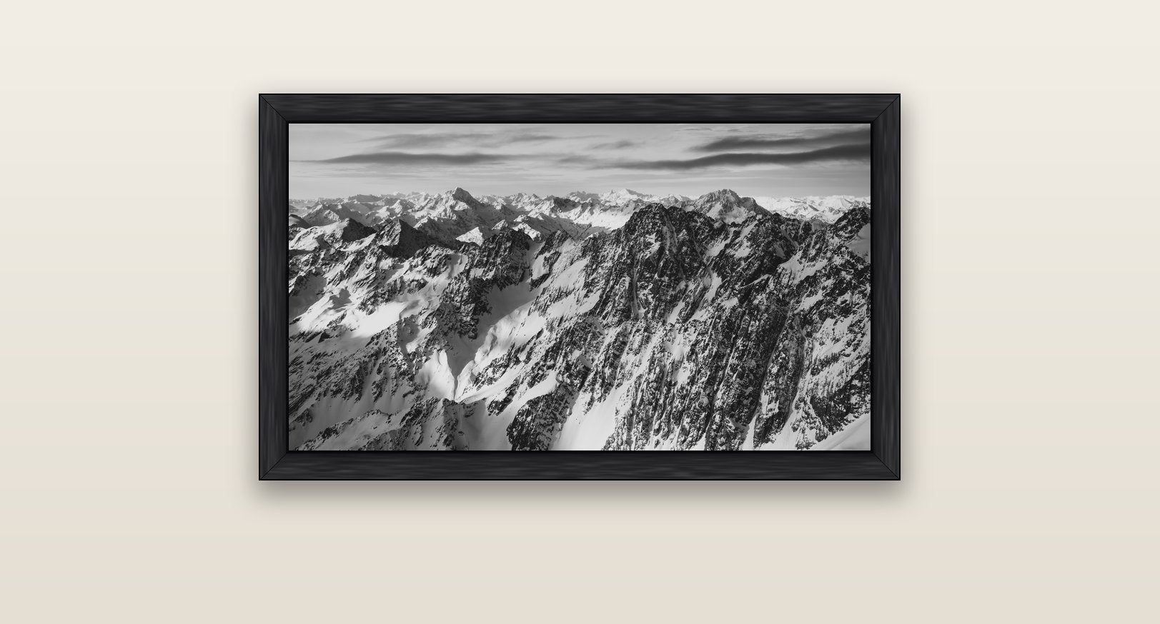 Endless Ranges, Southern Alps — black float frame canvas, 81 × 46 cm. New Zealand fine art landscape wall art by Stephen Milner.