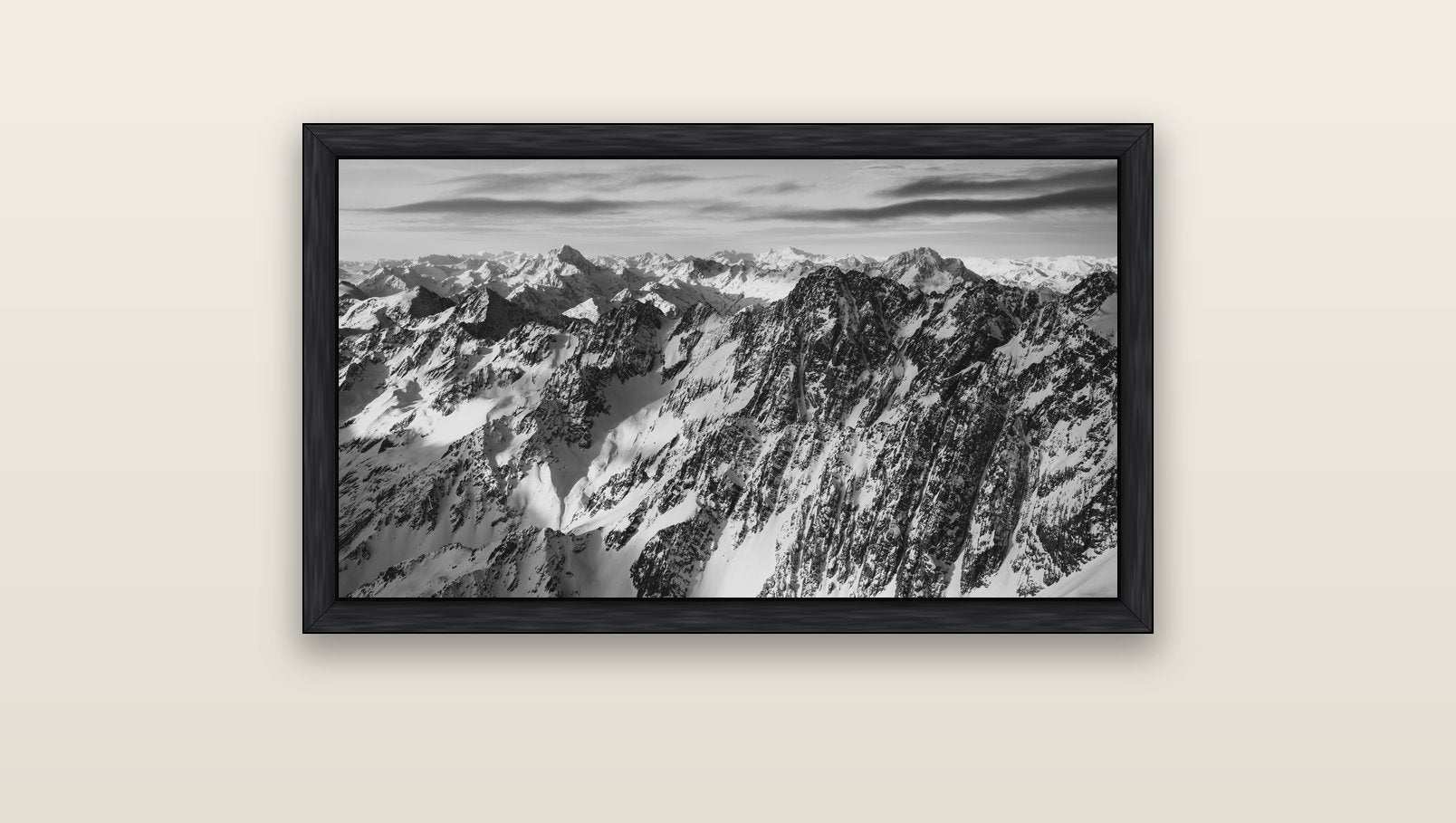 Endless Ranges, Southern Alps — black float frame canvas, 91 × 51 cm. New Zealand fine art landscape wall art by Stephen Milner.