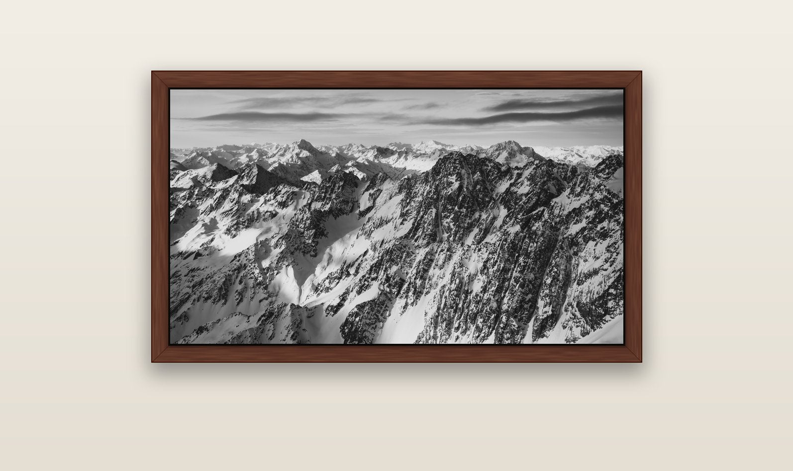 Endless Ranges, Southern Alps — brown float frame canvas, 102 × 56 cm. New Zealand fine art landscape wall art by Stephen Milner.