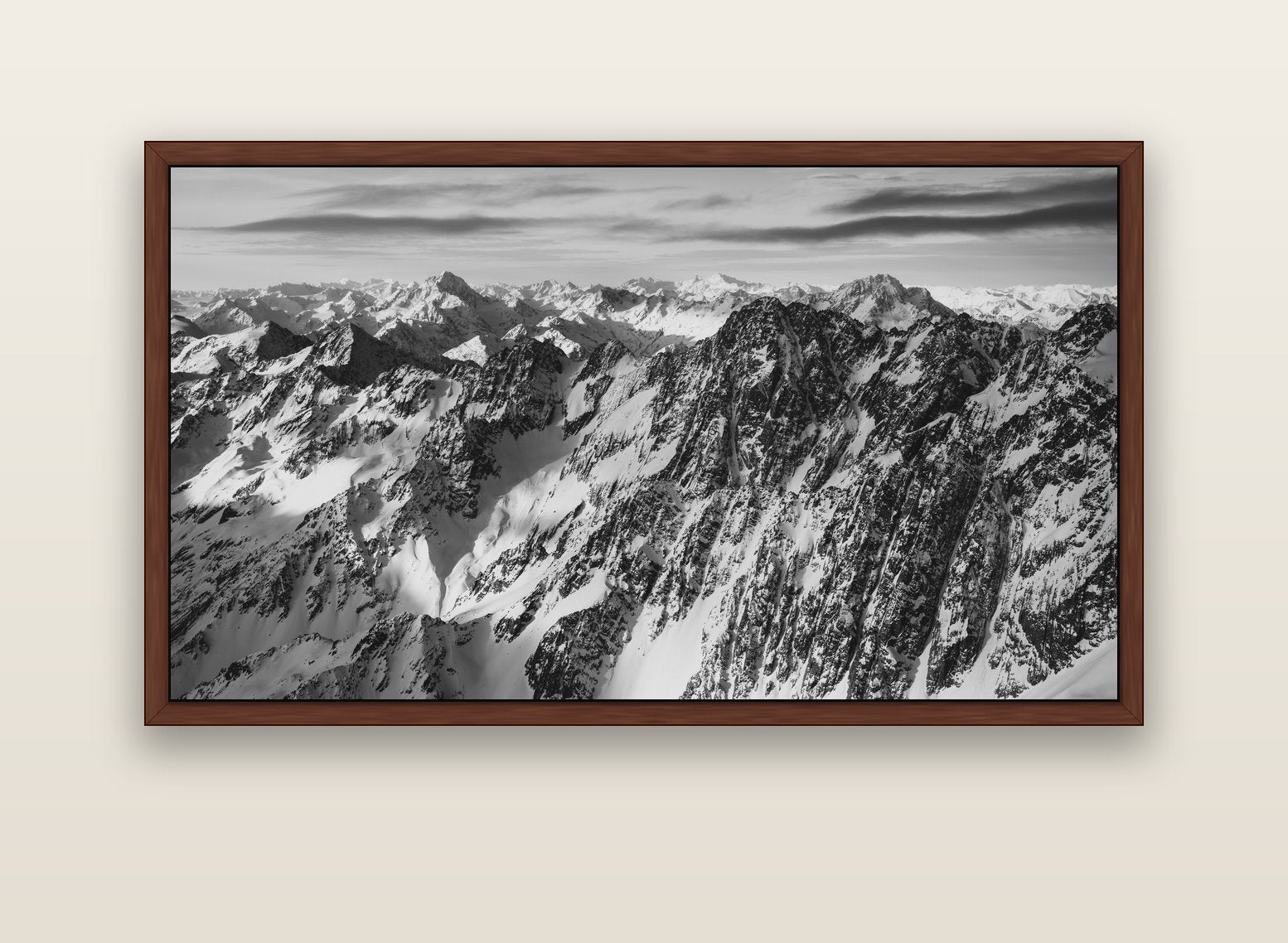 Endless Ranges, Southern Alps — brown float frame canvas, 152 × 86 cm. New Zealand fine art landscape wall art by Stephen Milner.