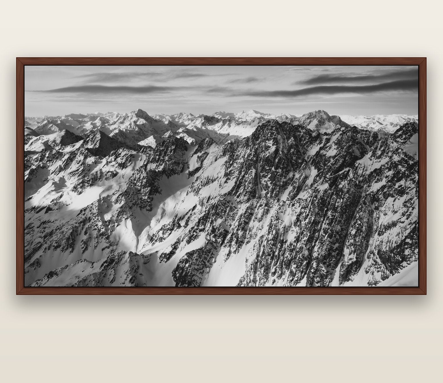 Endless Ranges, Southern Alps — brown float frame canvas, 200 × 130 cm. New Zealand fine art landscape wall art by Stephen Milner.