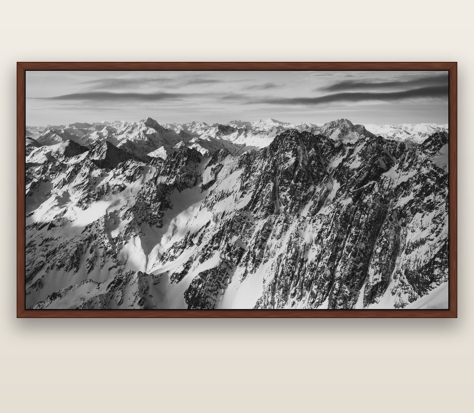 Endless Ranges, Southern Alps — brown float frame canvas, 201 × 99 cm. New Zealand fine art landscape wall art by Stephen Milner.