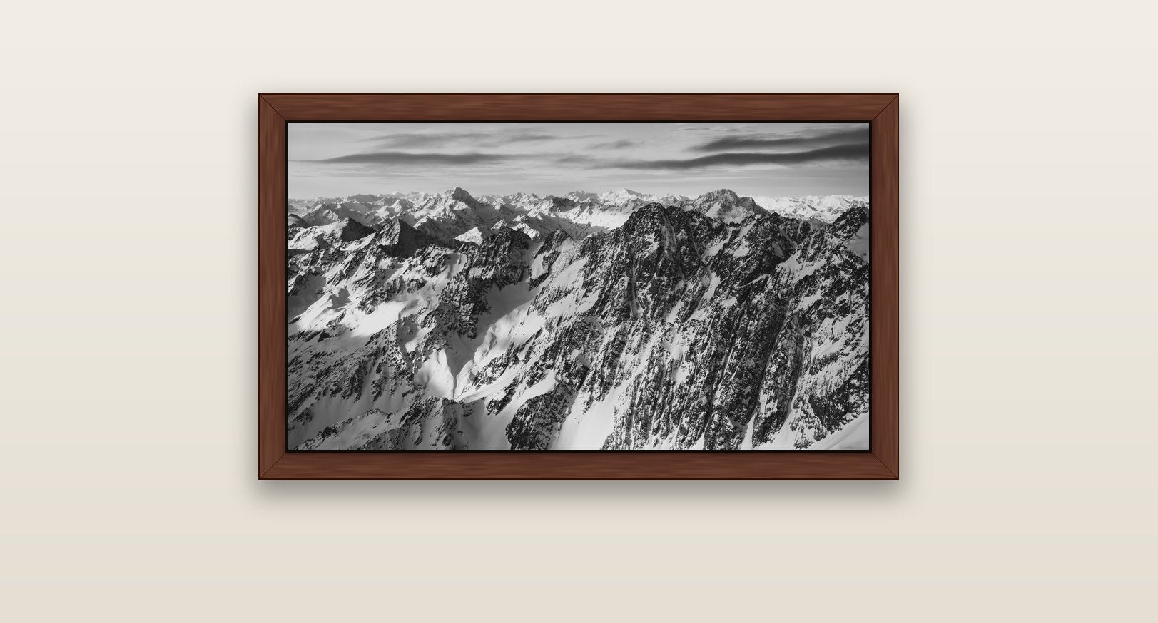 Endless Ranges, Southern Alps — brown float frame canvas, 81 × 46 cm. New Zealand fine art landscape wall art by Stephen Milner.