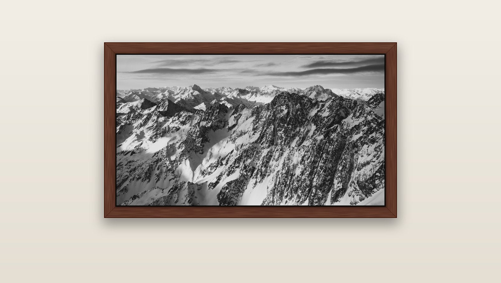 Endless Ranges, Southern Alps — brown float frame canvas, 91 × 51 cm. New Zealand fine art landscape wall art by Stephen Milner.