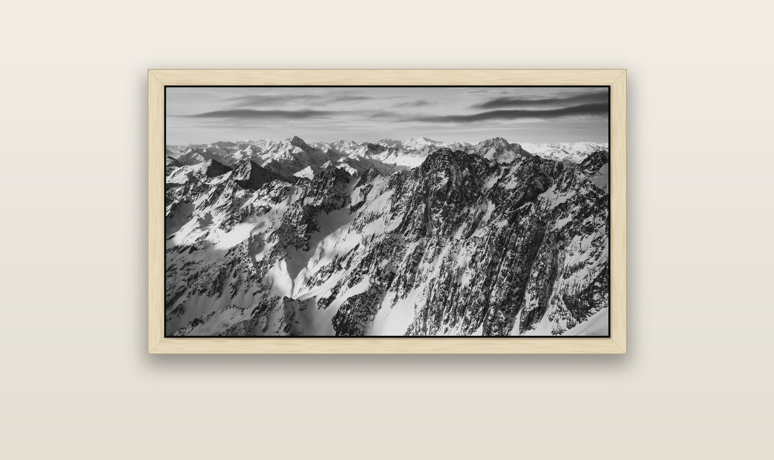 Endless Ranges, Southern Alps — natural float frame canvas, 102 × 56 cm. New Zealand fine art landscape wall art by Stephen Milner.