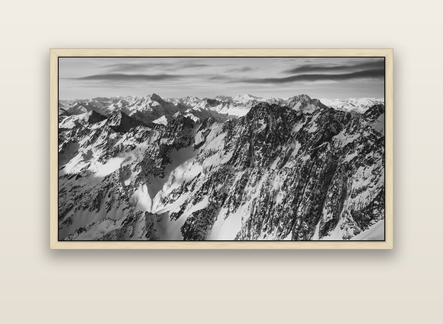 Endless Ranges, Southern Alps — natural float frame canvas, 152 × 86 cm. New Zealand fine art landscape wall art by Stephen Milner.