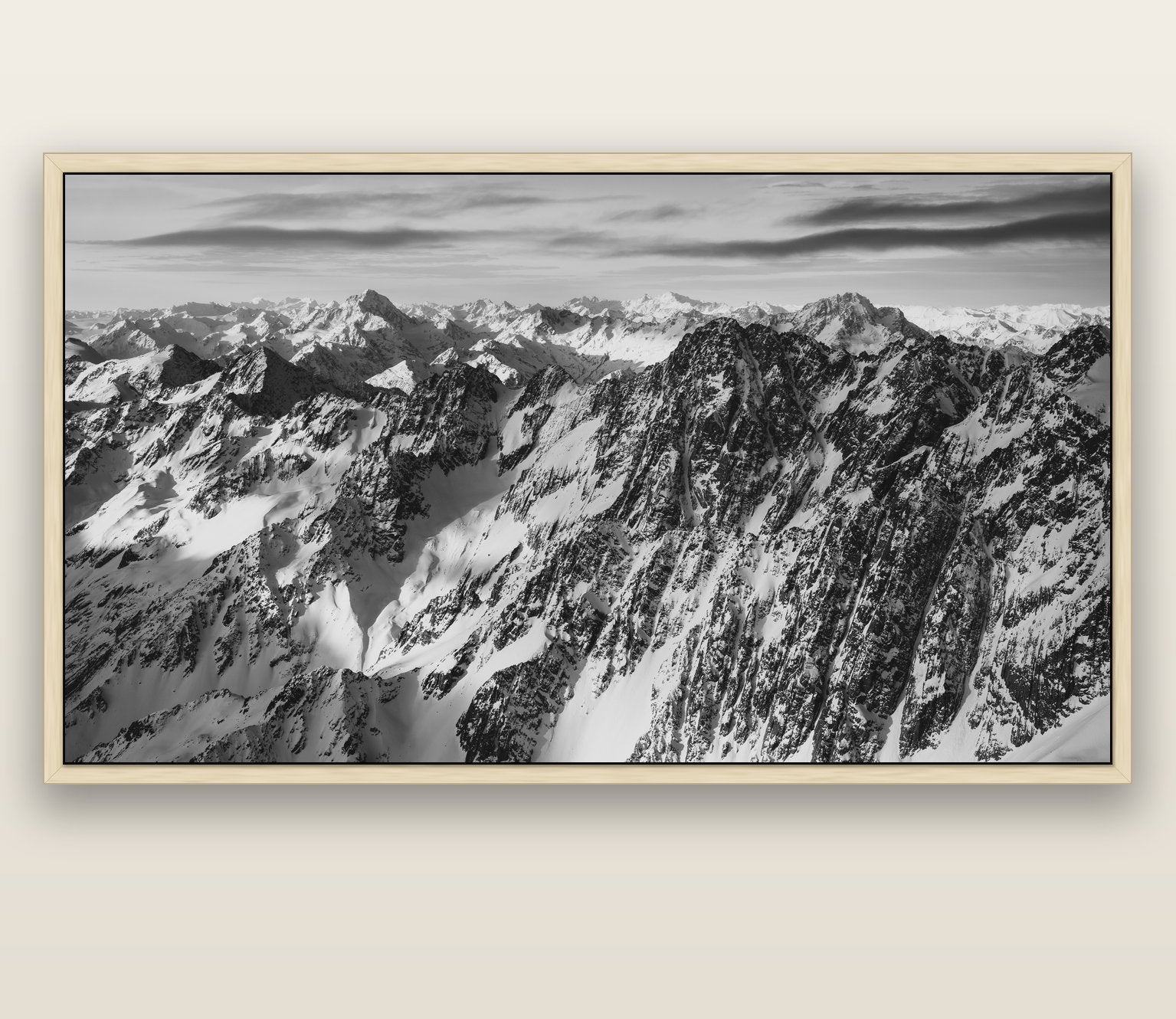 Endless Ranges, Southern Alps — natural float frame canvas, 200 × 130 cm. New Zealand fine art landscape wall art by Stephen Milner.