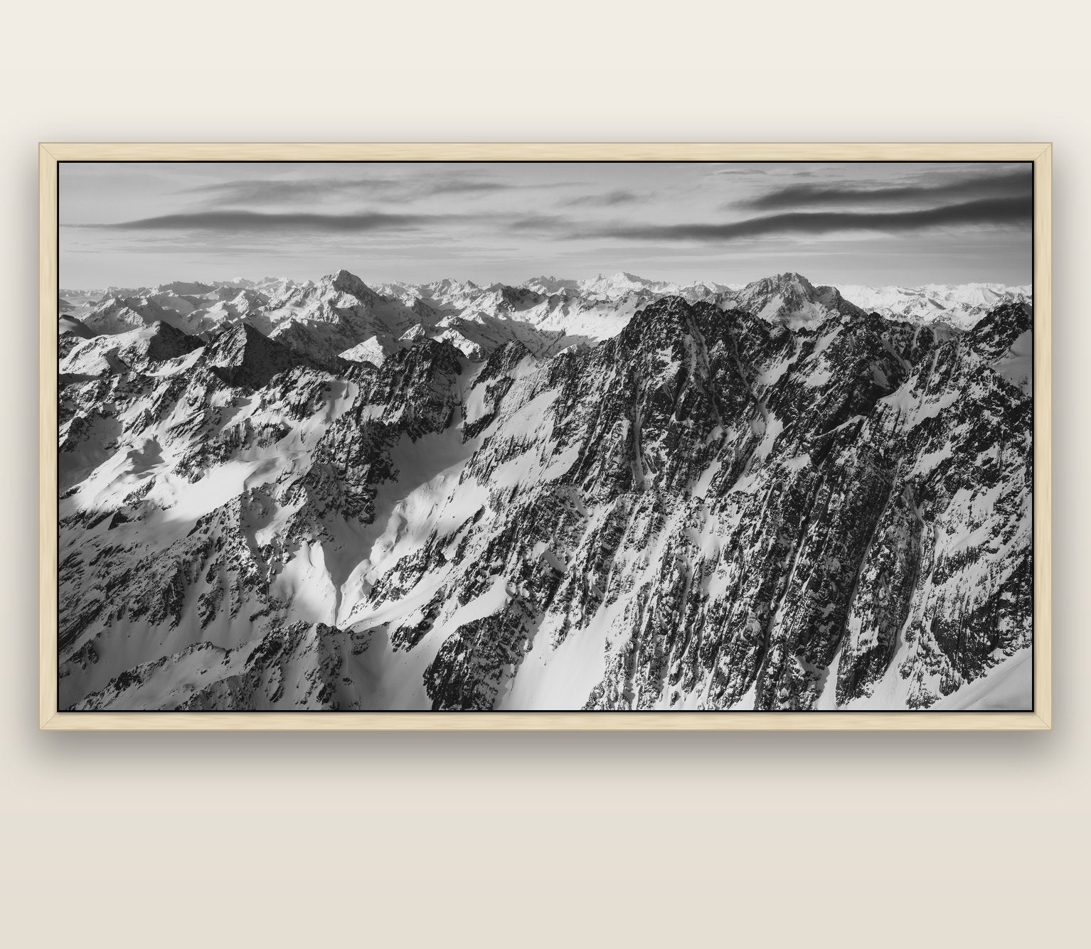 Endless Ranges, Southern Alps — natural float frame canvas, 201 × 99 cm. New Zealand fine art landscape wall art by Stephen Milner.
