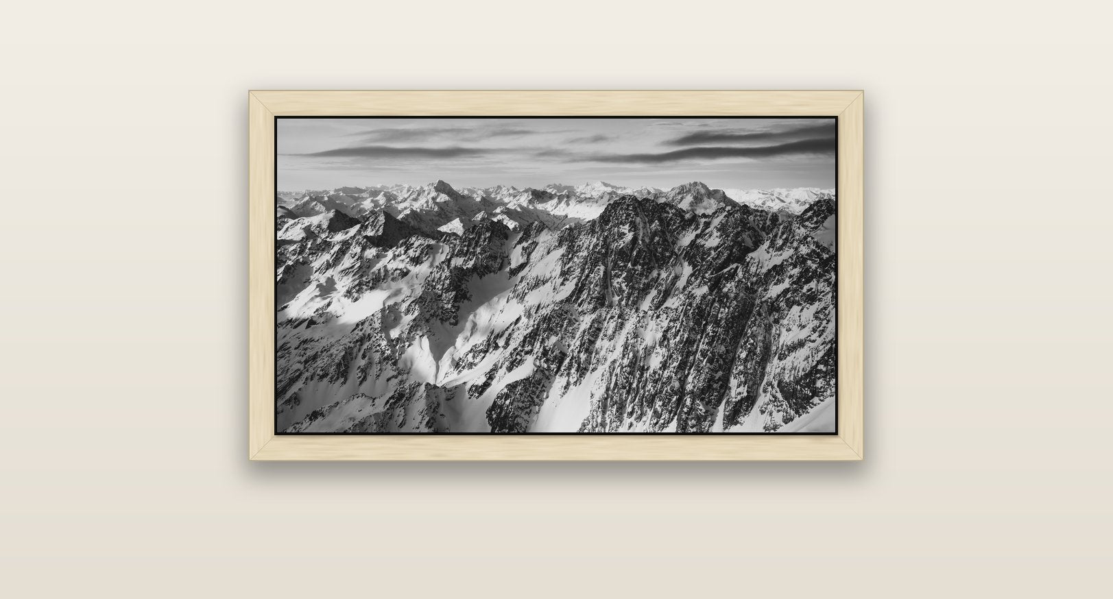 Endless Ranges, Southern Alps — natural float frame canvas, 81 × 46 cm. New Zealand fine art landscape wall art by Stephen Milner.