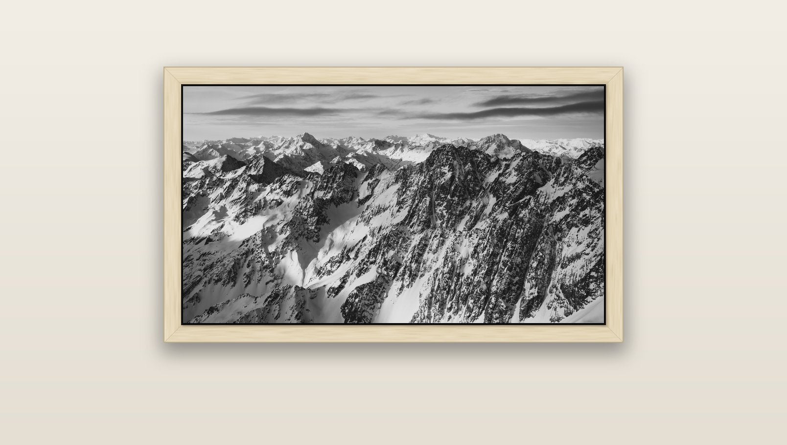 Endless Ranges, Southern Alps — natural float frame canvas, 91 × 51 cm. New Zealand fine art landscape wall art by Stephen Milner.