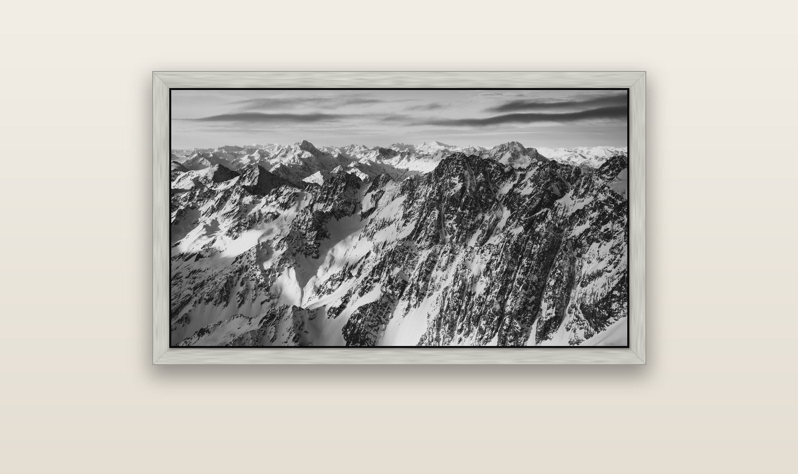 Endless Ranges, Southern Alps — silver float frame canvas, 102 × 56 cm. New Zealand fine art landscape wall art by Stephen Milner.