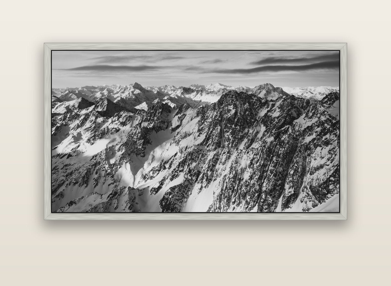 Endless Ranges, Southern Alps — silver float frame canvas, 152 × 86 cm. New Zealand fine art landscape wall art by Stephen Milner.