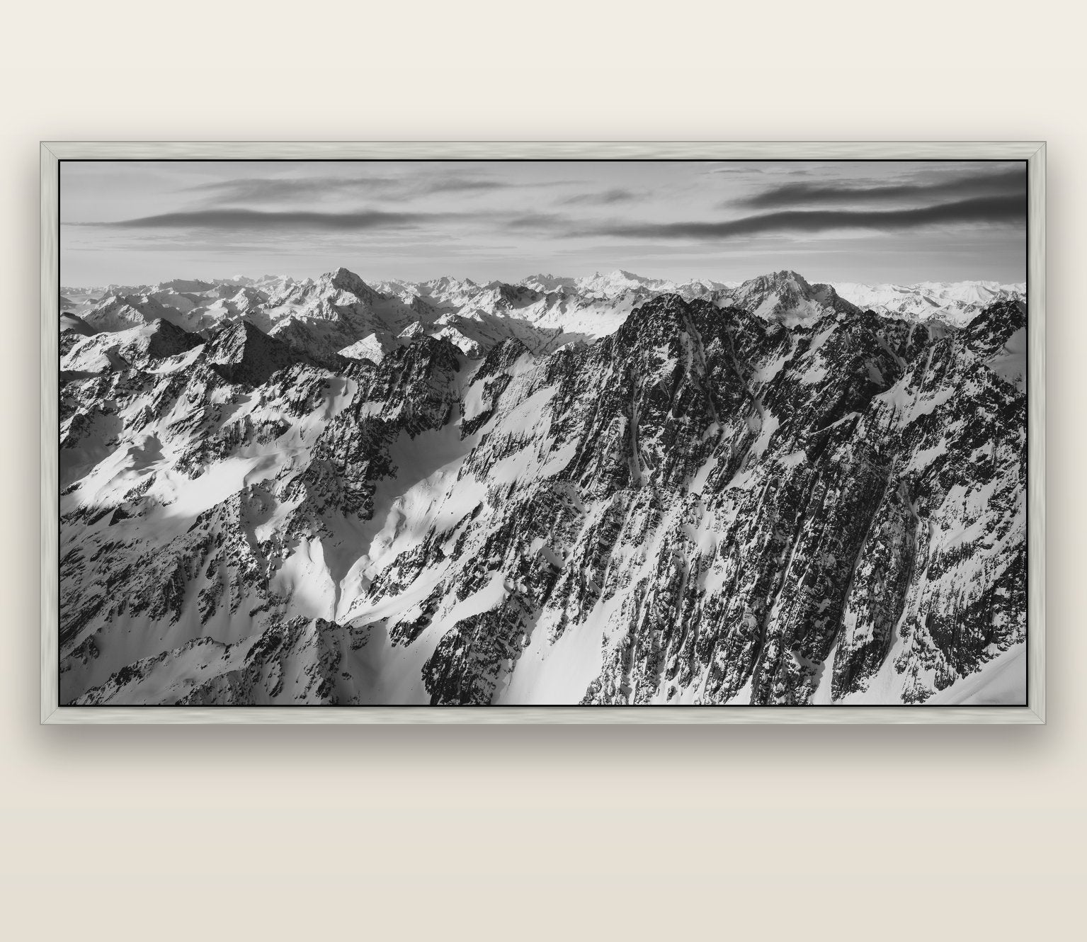 Endless Ranges, Southern Alps — silver float frame canvas, 200 × 130 cm. New Zealand fine art landscape wall art by Stephen Milner.