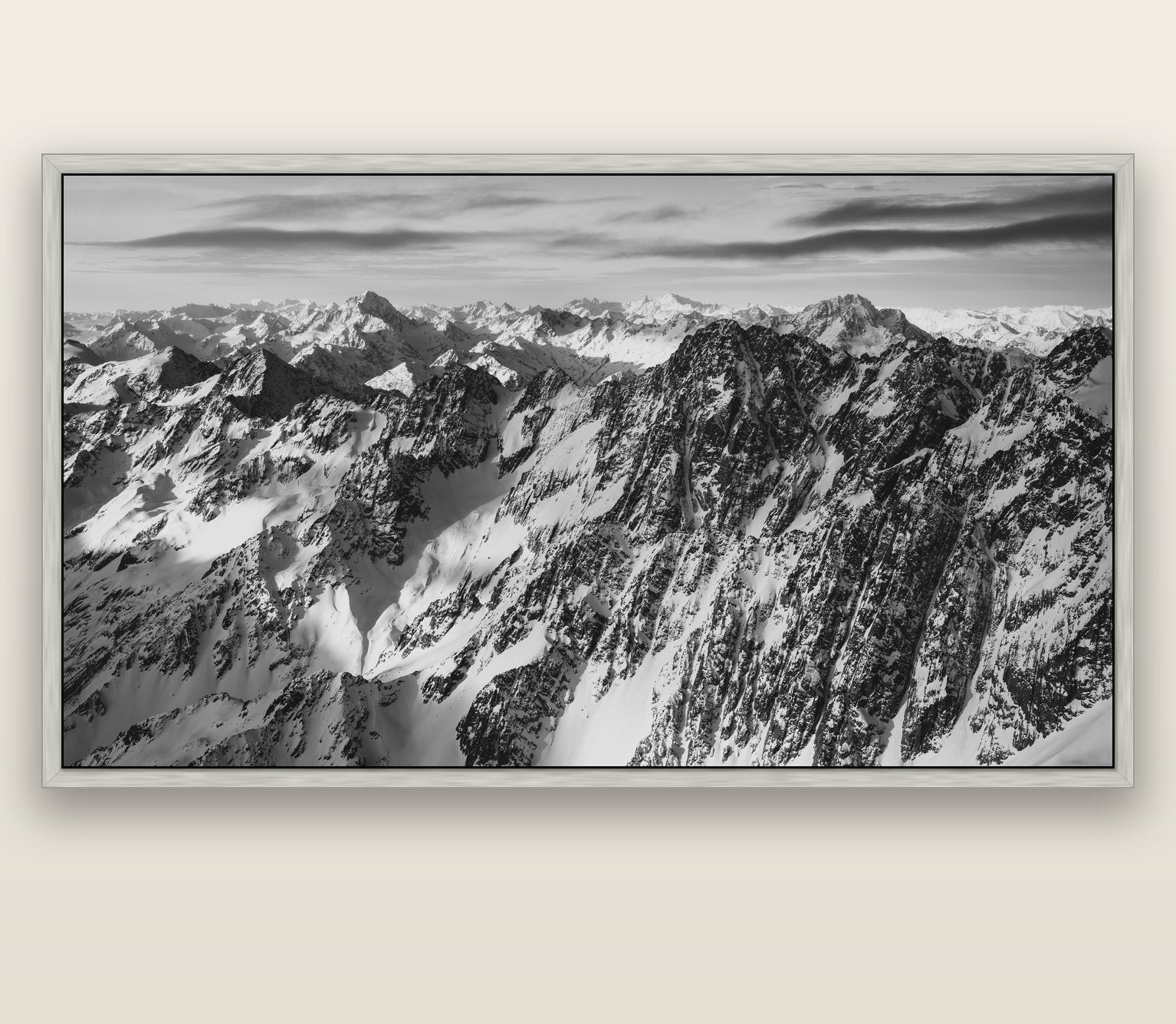 Endless Ranges, Southern Alps — silver float frame canvas, 201 × 99 cm. New Zealand fine art landscape wall art by Stephen Milner.