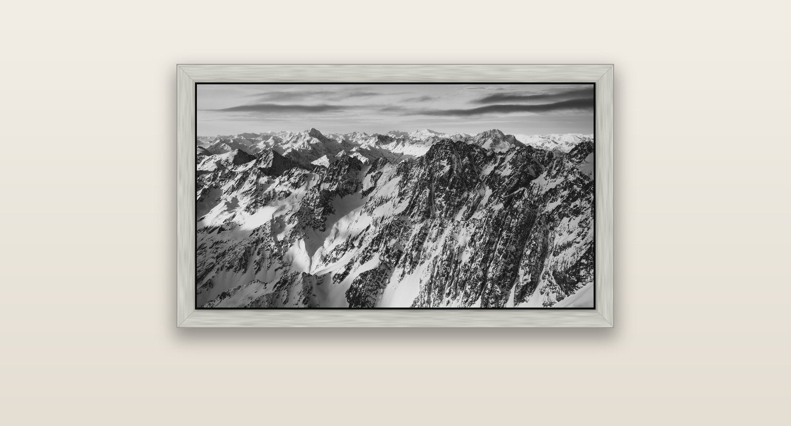 Endless Ranges, Southern Alps — silver float frame canvas, 81 × 46 cm. New Zealand fine art landscape wall art by Stephen Milner.