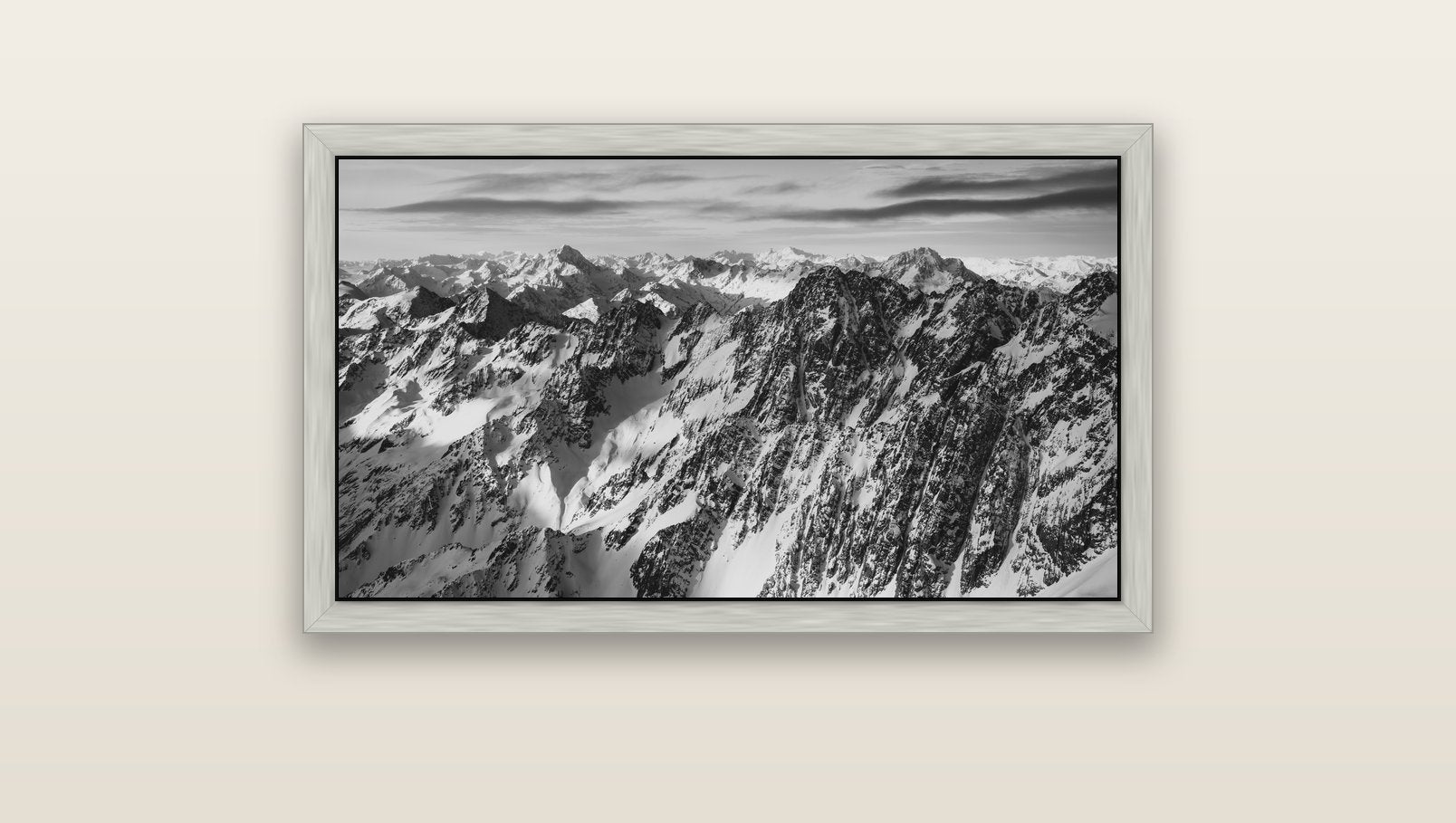 Endless Ranges, Southern Alps — silver float frame canvas, 91 × 51 cm. New Zealand fine art landscape wall art by Stephen Milner.