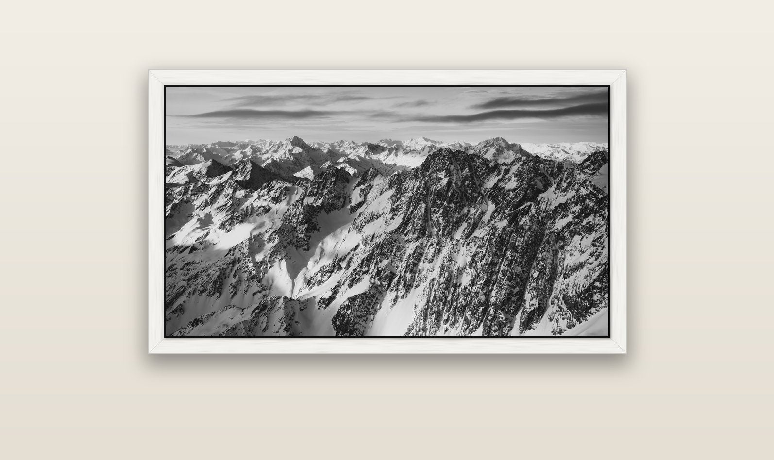 Endless Ranges, Southern Alps — white float frame canvas, 102 × 56 cm. New Zealand fine art landscape wall art by Stephen Milner.