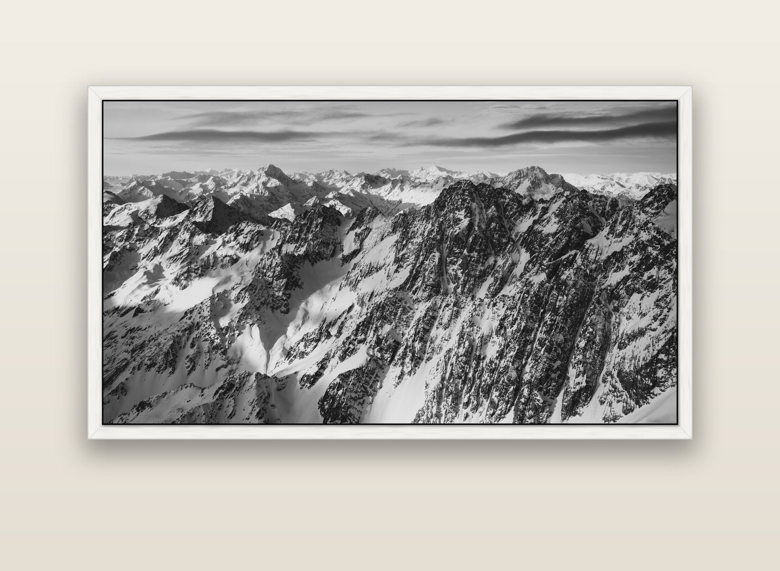 Endless Ranges, Southern Alps — white float frame canvas, 152 × 86 cm. New Zealand fine art landscape wall art by Stephen Milner.