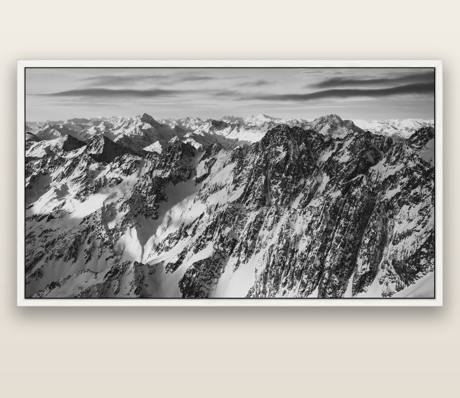 Endless Ranges, Southern Alps — white float frame canvas, 200 × 130 cm. New Zealand fine art landscape wall art by Stephen Milner.