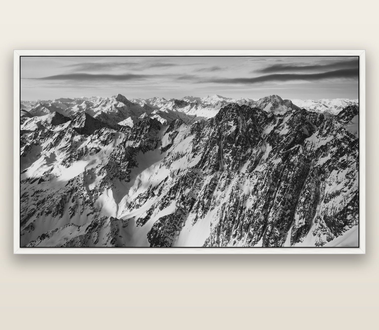 Endless Ranges, Southern Alps — white float frame canvas, 201 × 99 cm. New Zealand fine art landscape wall art by Stephen Milner.