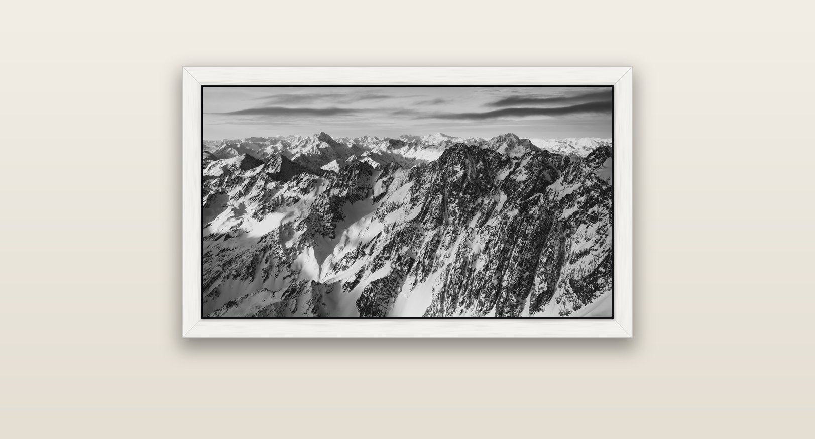 Endless Ranges, Southern Alps — white float frame canvas, 81 × 46 cm. New Zealand fine art landscape wall art by Stephen Milner.