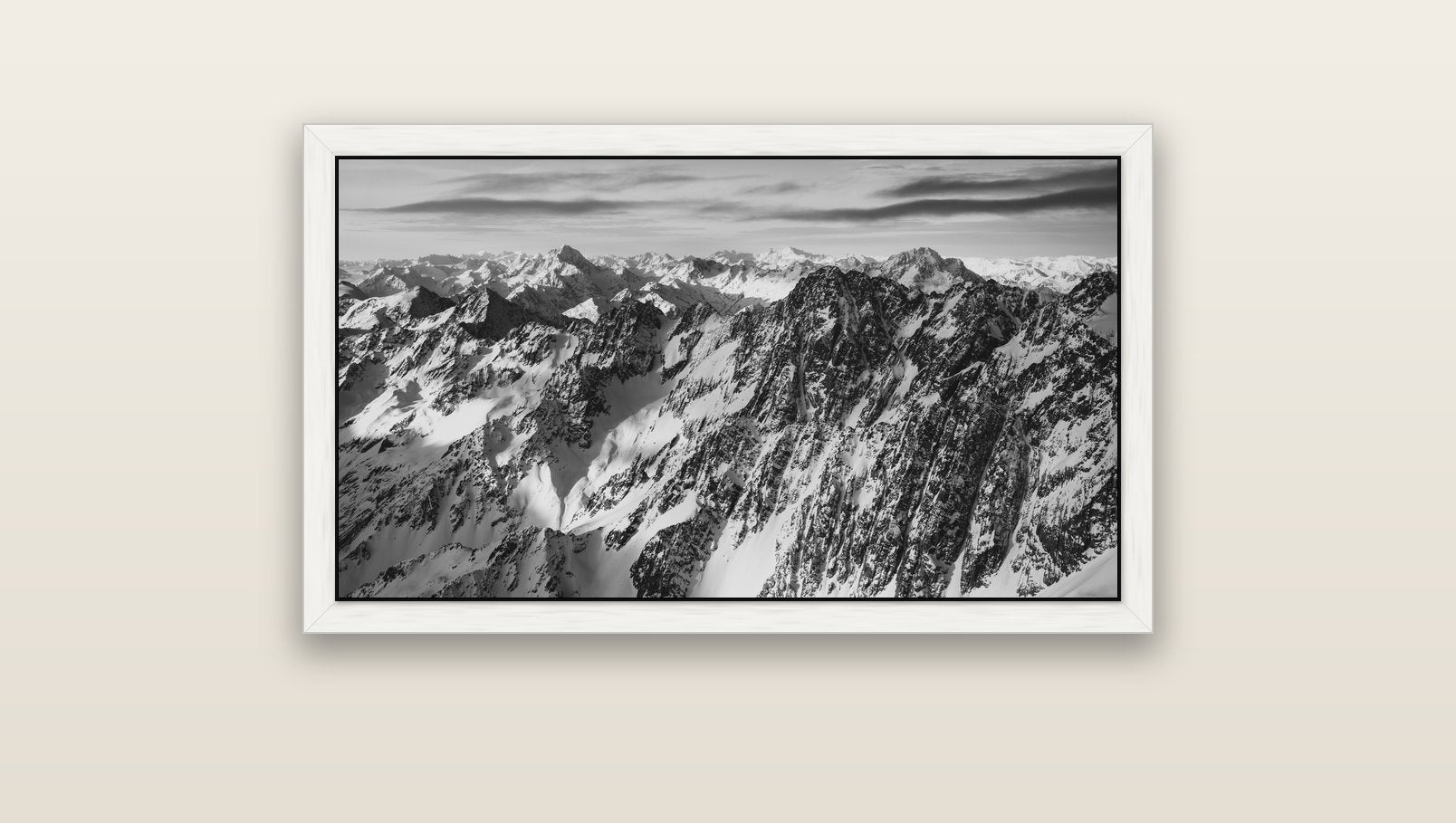 Endless Ranges, Southern Alps — white float frame canvas, 91 × 51 cm. New Zealand fine art landscape wall art by Stephen Milner.