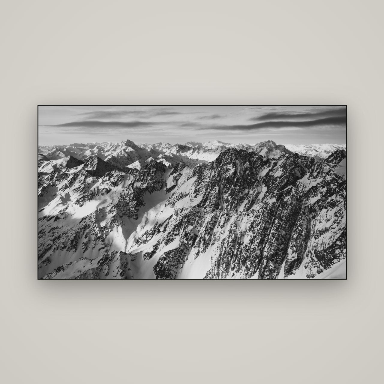 Endless Ranges, Southern Alps — Slimline Black, 160×90 cm. New Zealand fine art wall art by Stephen Milner.