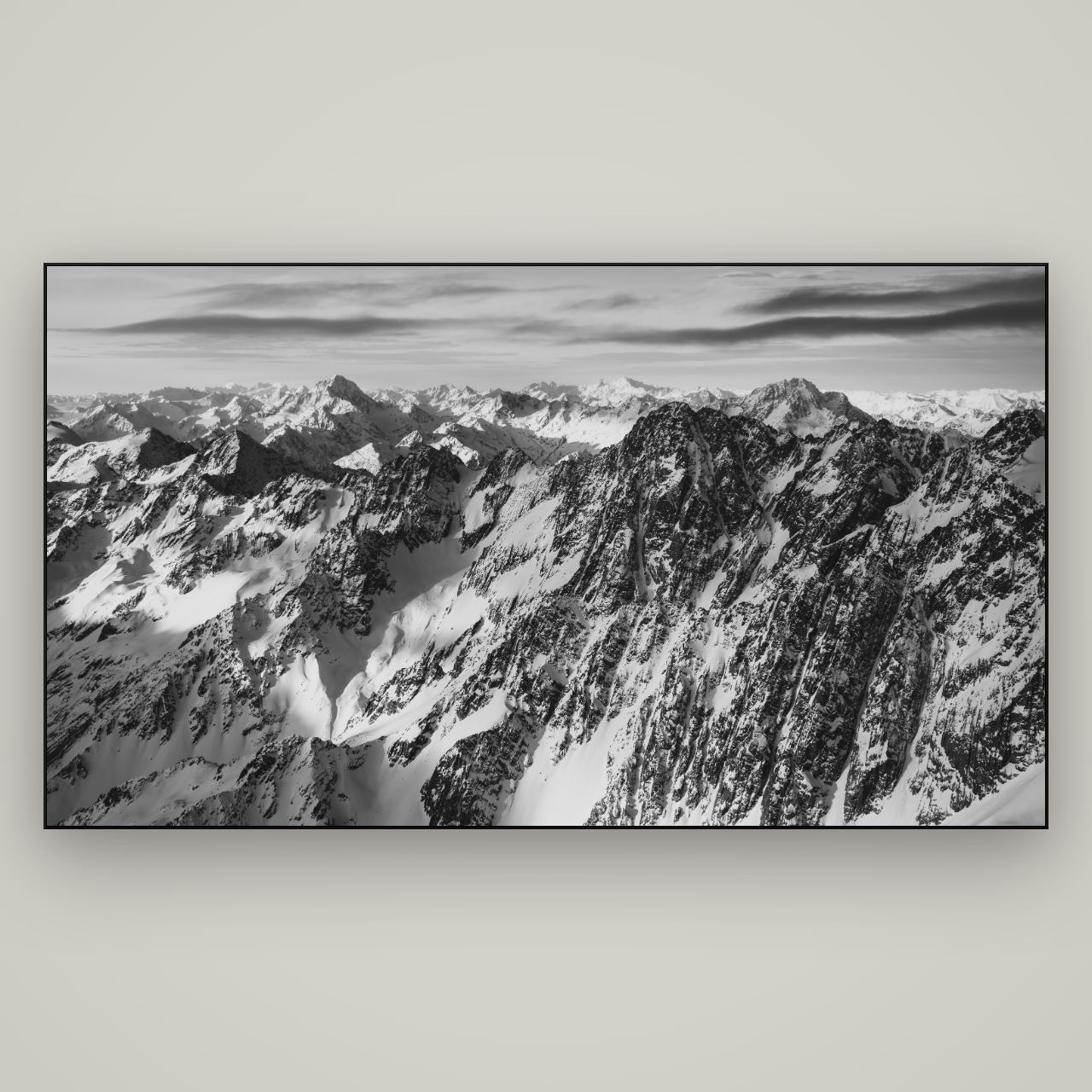 Endless Ranges, Southern Alps — Slimline Black, 196×110 cm. New Zealand fine art wall art by Stephen Milner.