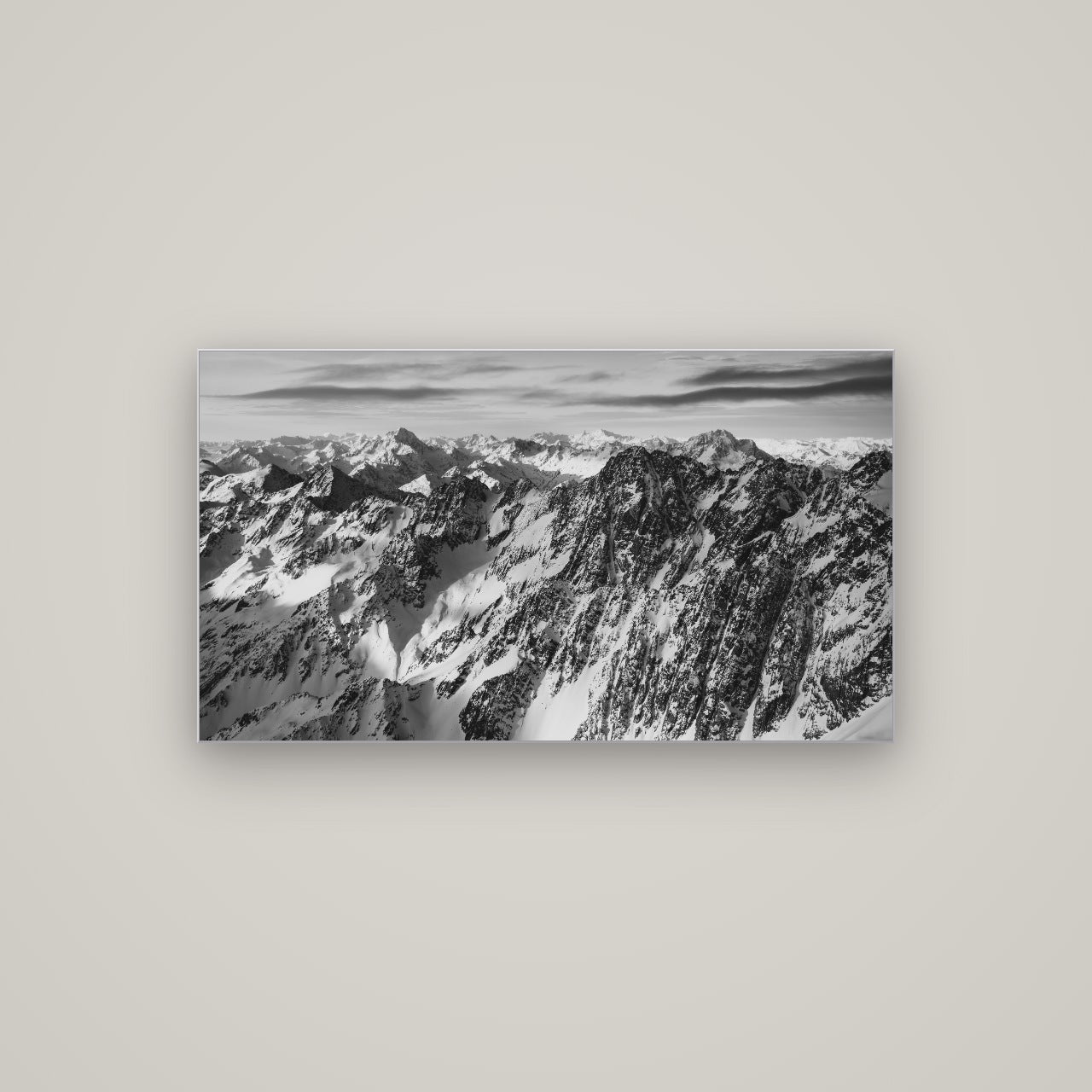 Endless Ranges, Southern Alps — Slimline Silver, 107×60 cm. New Zealand fine art wall art by Stephen Milner.