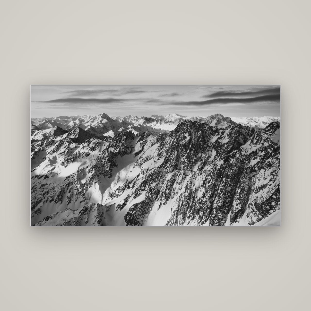 Endless Ranges, Southern Alps — Slimline Silver, 160×90 cm. New Zealand fine art wall art by Stephen Milner.