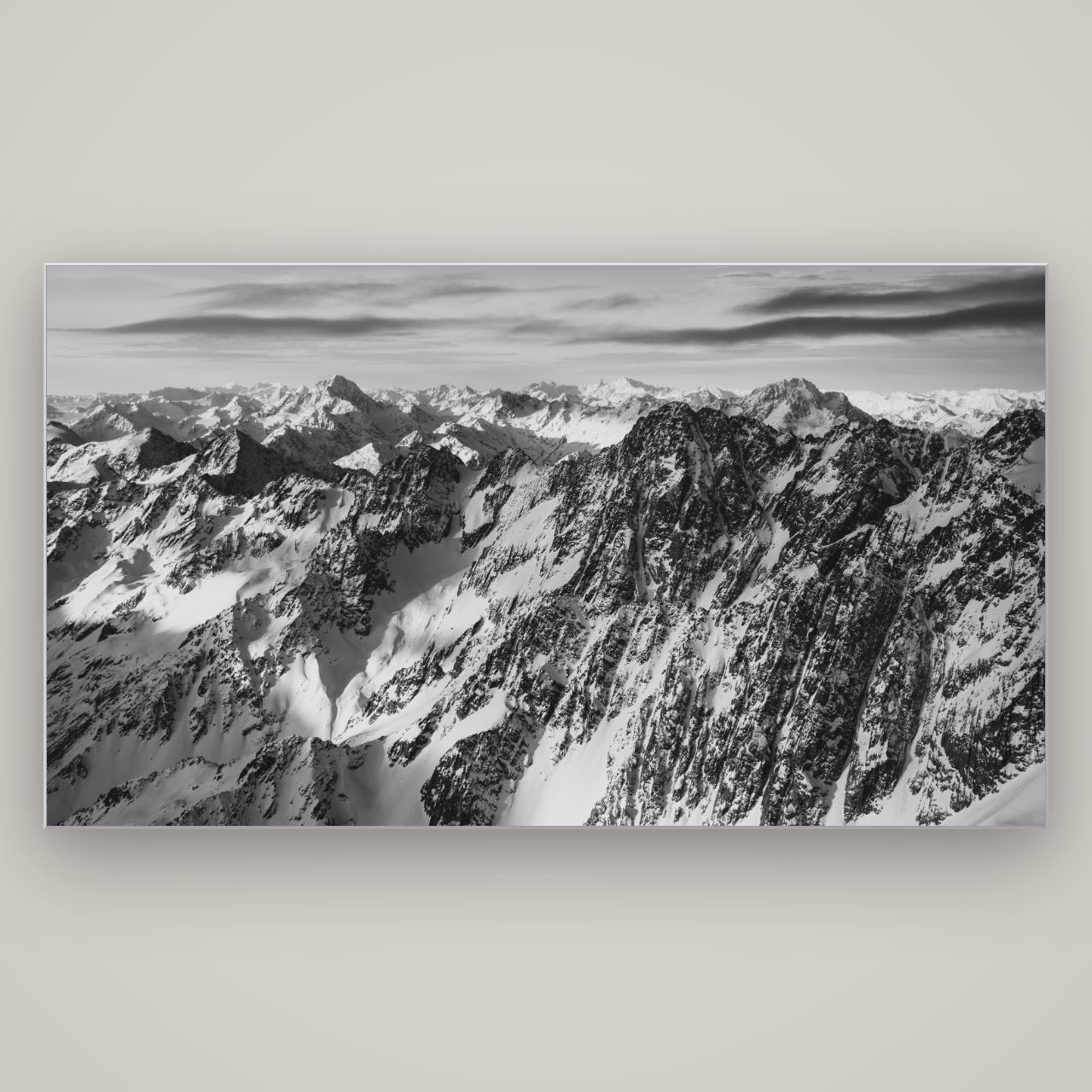 Endless Ranges, Southern Alps — Slimline Silver, 196×110 cm. New Zealand fine art wall art by Stephen Milner.