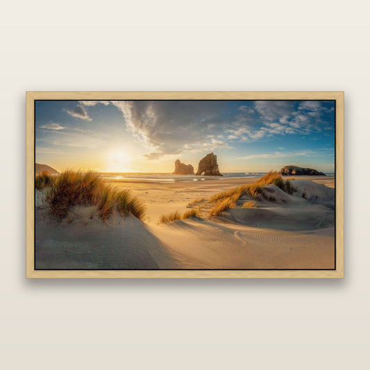 Eternal Beauty, Wharariki's Archway Secrets — framed metallic canvas print, Natural frame. New Zealand fine art landscape wall art by Stephen Milner.