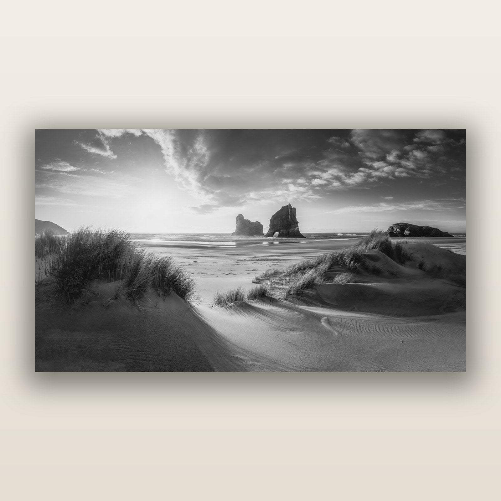 Eternal Beauty, Wharariki's Archway Secrets, black and white frameless acrylic glass print. New Zealand fine art photography by Stephen Milner.