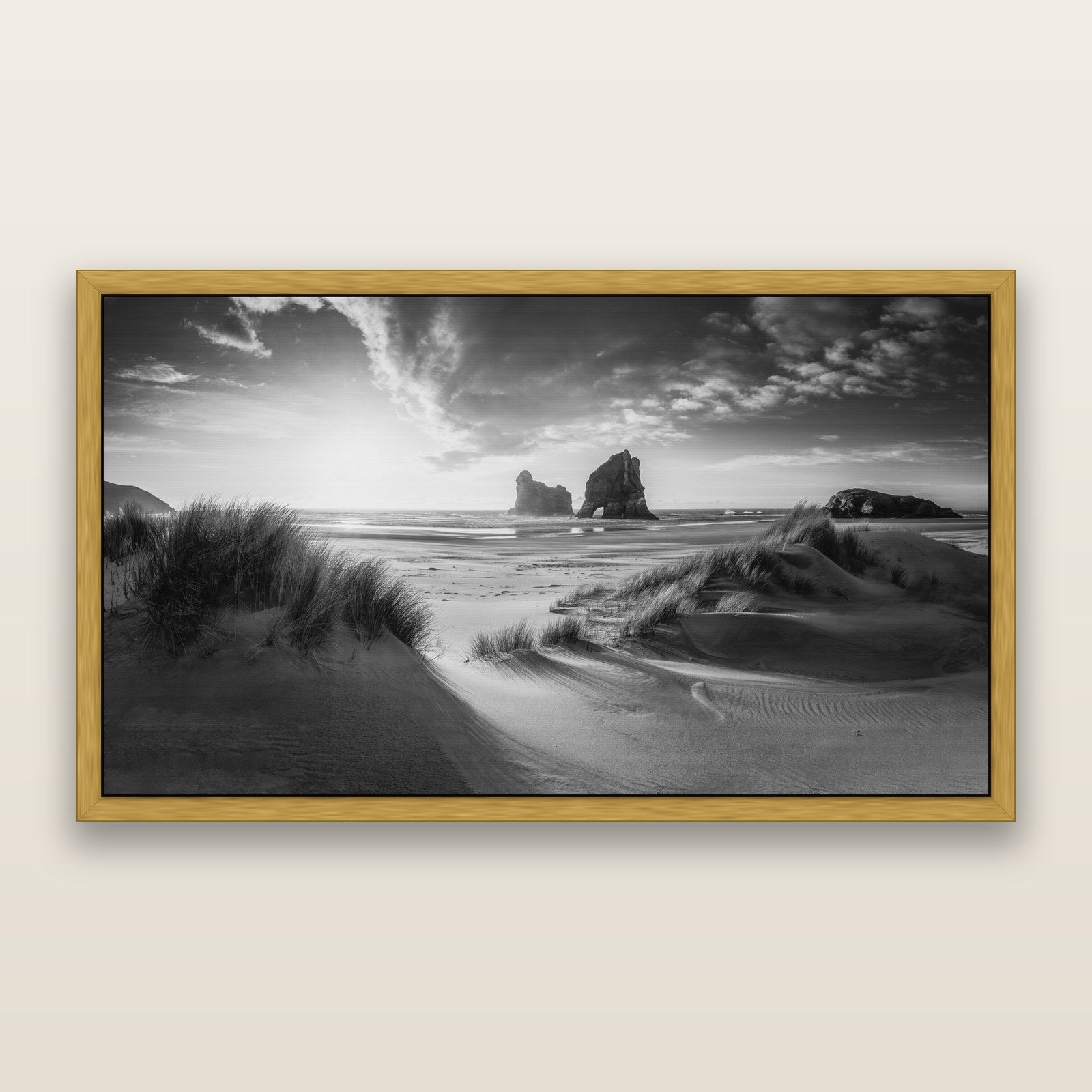 Eternal Beauty, Wharariki's Archway Secrets, black and white framed metallic canvas print, Antique Gold frame. New Zealand fine art wall art by Stephen Milner.