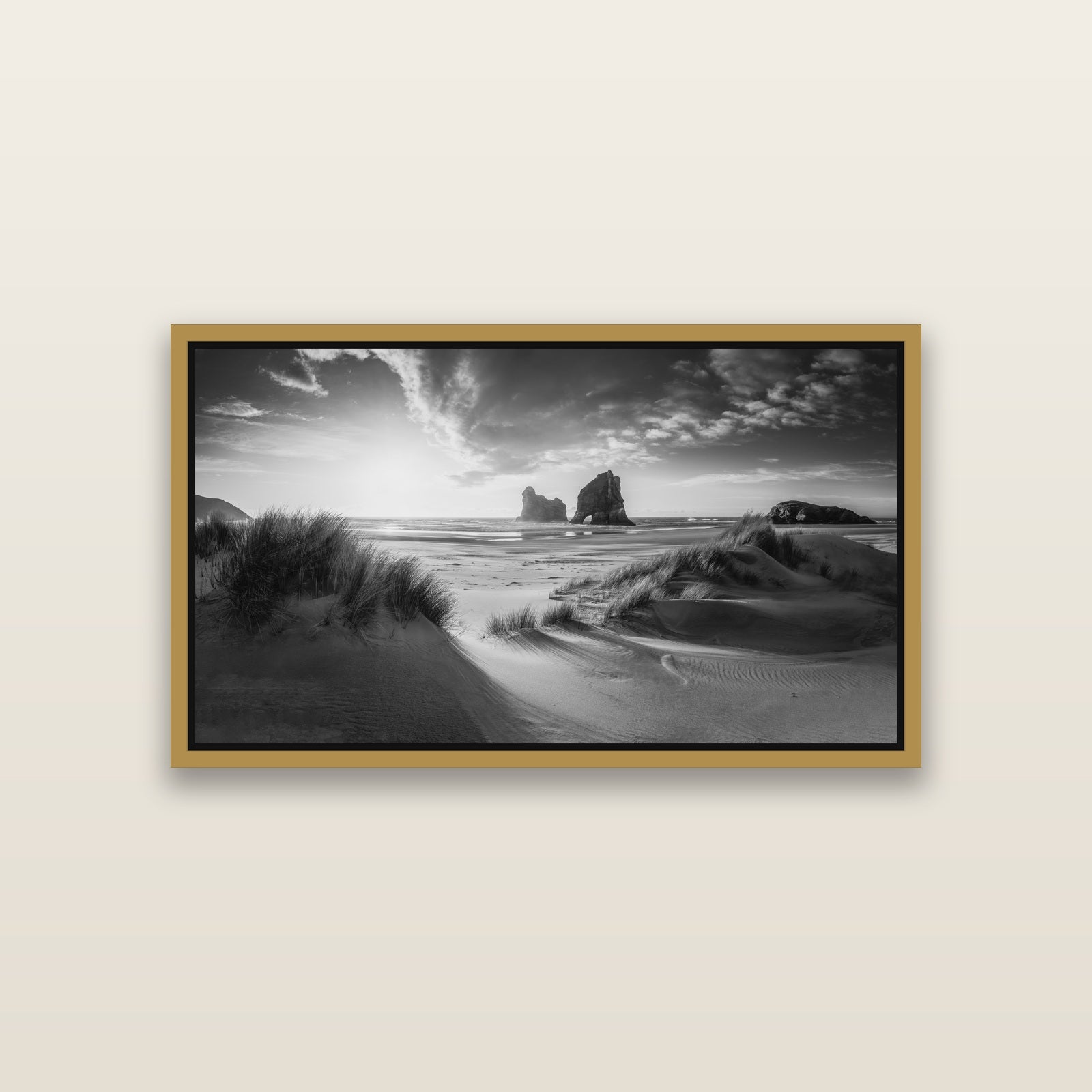 Eternal Beauty, Wharariki's Archway Secrets — Antique Gold framed metallic canvas print, small 81 × 46 cm. New Zealand fine art landscape wall art by Stephen Milner.