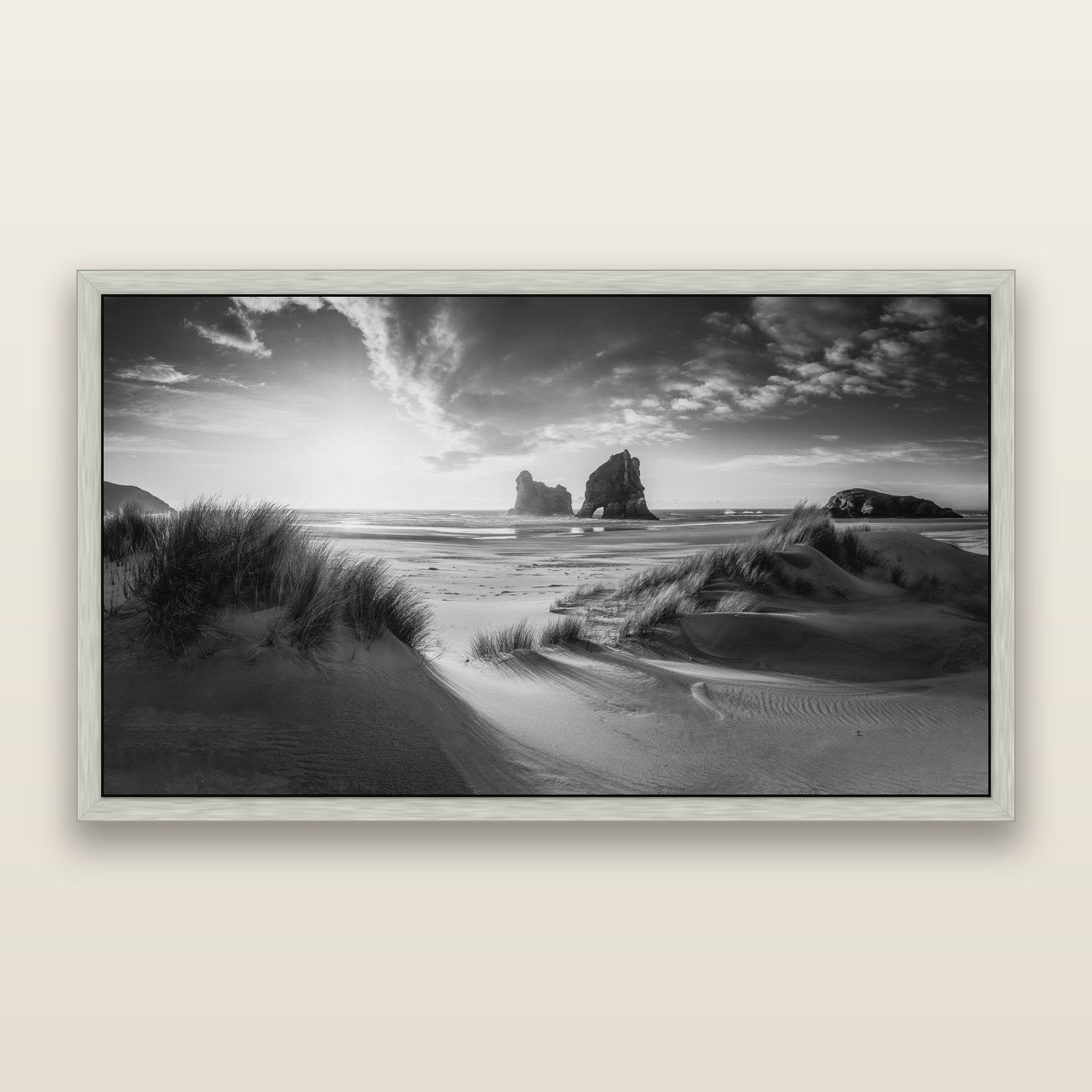 Eternal Beauty, Wharariki's Archway Secrets, black and white framed metallic canvas print, Antique Silver frame. New Zealand fine art wall art by Stephen Milner.